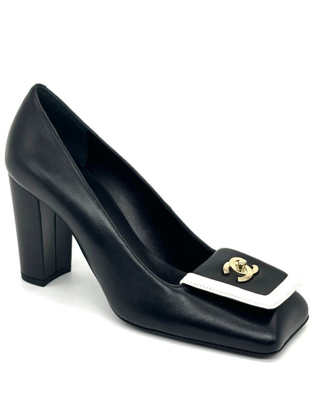 CHANEL 26S Leather Square Toe Turnlock CC Block Heels Pumps Shoes Black Ivory - Picture 7 of 16